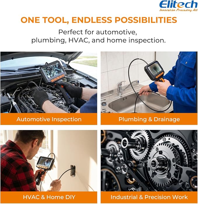 Elitech Two-Way Articulating Borescope with Light, 0.24in Slim Inspection Camera, 20,000+ Bend Life, 180° Snake Camera, 1080P 4.3" IPS Endoscope, High-Temp Protection for Automotive Mechanics