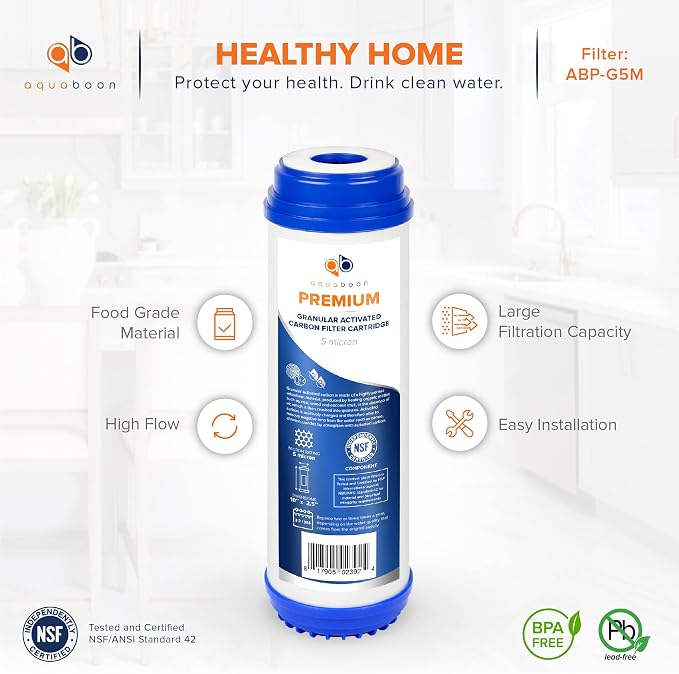 Aquaboon 5 Micron 10 x 2.5 Premium Granular Activated Carbon Water Filter Cartridge Replacement - GAC Filter Compatible with AP117, GAC-10, 6 Pack