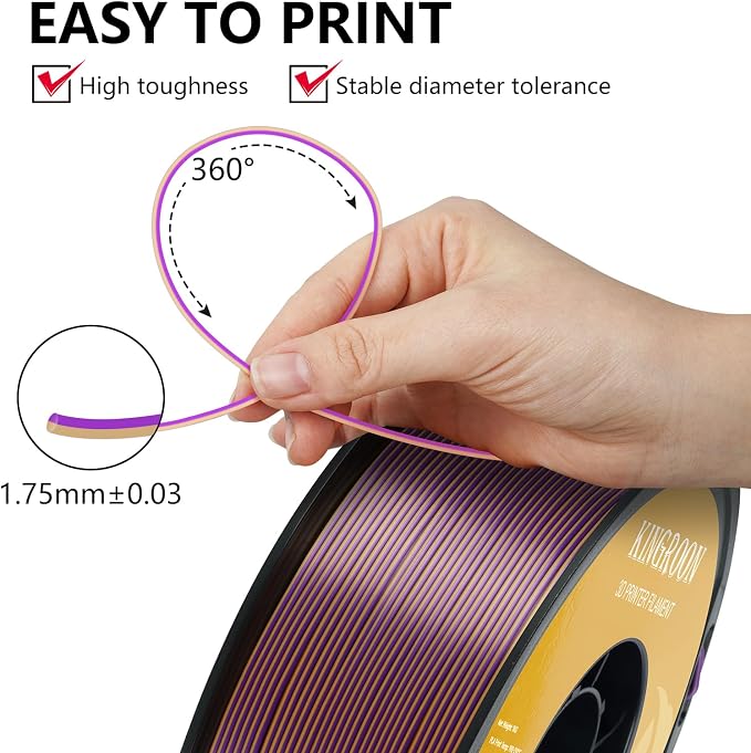 Kingroon PLA Filament, Multicolor Silk PLA Filament, Dual Color 3D Printer Filament, 1.75 mm, Dimensional Accuracy +/- 0.03 mm, 1kg Spool(2.2lbs), Gold Purple