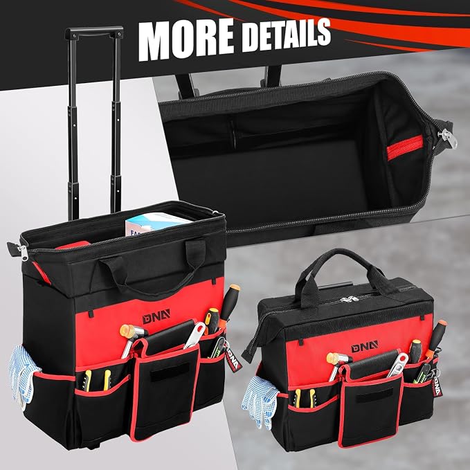 DNA MOTORING 18in Canvas Rolling Tool Bag, Telescoping Handle 600D Large Roller Tool Bag, Tools Bag Organizer for Electrician, Carpentry, HVAC, TOOLS-00640
