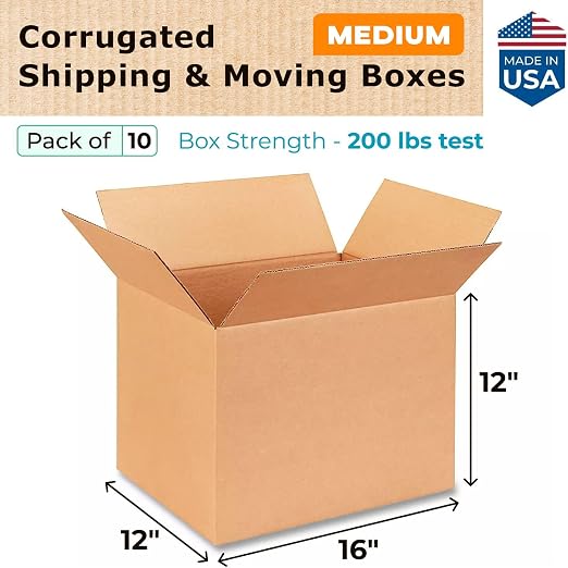 Medium Shipping & Moving Boxes 16x12x12 inches (10-Pack) - Extra Strength 200 lb vs Regular - USA-Made Corrugated Boxes for Packaging Moving and Delivering - Square Box by IDL Packaging