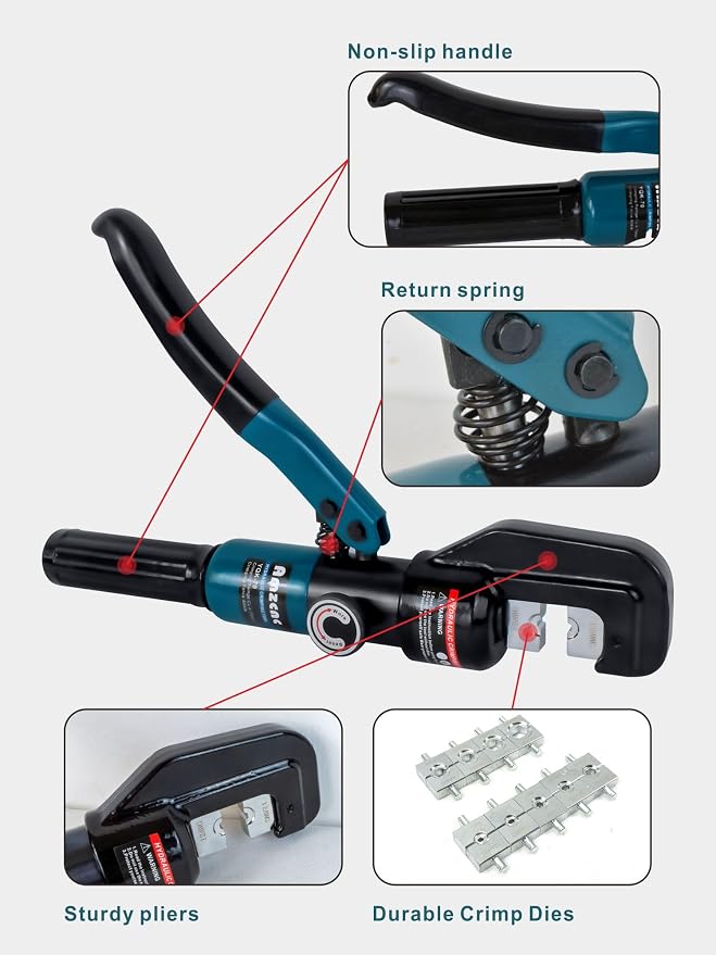 10 Ton Hydraulic Battery Cable Crimper – Single-Hand Return, 9 Hex Dies for 12-2/0 AWG, 180° Rotating Head, Pro Terminal Tool for Car/RV/Marine Power