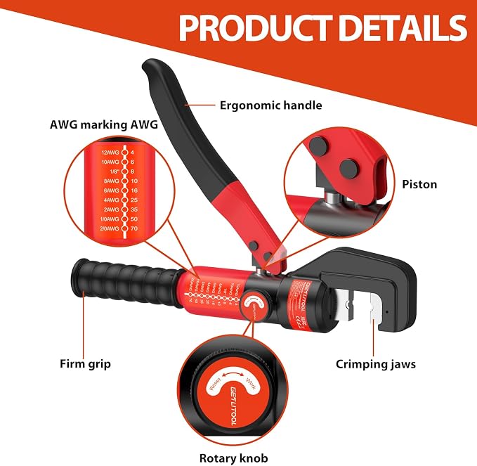 GETLITOOL 8-Ton Hydraulic Crimping Tool Kit with 9 Dies & Wire Cutter, Heavy-Duty Hydraulic Crimper for Battery Cables, Lugs, and Terminals for Electrical, Solar, and Automotive Applications