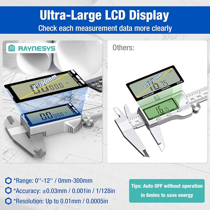 Raynesys Digital Caliper 12 Inch with Large LCD Screen, Inch/MM/Fraction Conversion, 300mm Micrometer Caliper All Stainless Steel Diameter Measuring Tool for Jewelers/Woodworkers/DIY