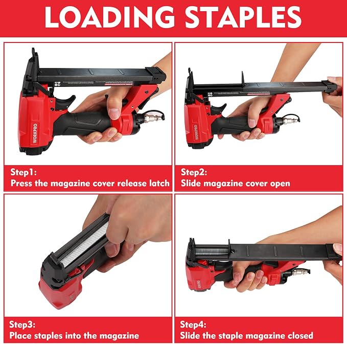 WORKPRO 8016 Pneumatic Staple Gun, 21 Gauge Upholstery Stapler with 1500pcs Staples 1/4" to 5/8", Air-Powered, Rear Exhaust, for Carpentry, Woodworking and DIY Projects