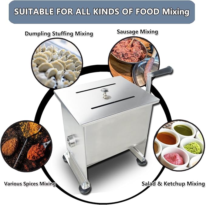 CLIVIA Meat Mixer, 15 Pound Meat Mixer for Sausage, 15lbs 7.5L Capacity Tank No Gear Box Sausage Mixer, Stainless Steel Food Processing Equipment, Hand Mixer with Lid for Meat, Sausage, Vegetable