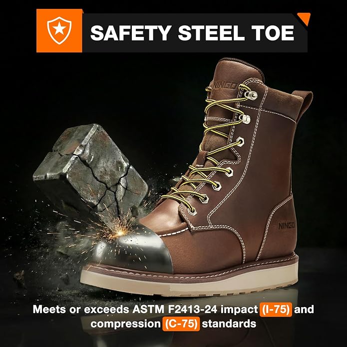 NINGO Steel Toe Work Boots for Men, 8 Inches Waterproof Moc Toe Construction Boots, Goodyear Welt Non Slip Wedge Outsole, Full-Grain Leather EH Rated Mens Safety Work Shoes, for Industrial, Welding