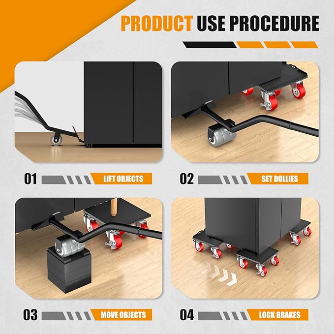 LOYAL TIGER 1500LBS Heavy Duty Furniture Dolly Movers Set with Lifter, 5-Wheel Carbon Steel Moving Rollers with Locking Casters for Refrigerator, Washer, Sofa & Cabinet(5.4 Inch, Red)