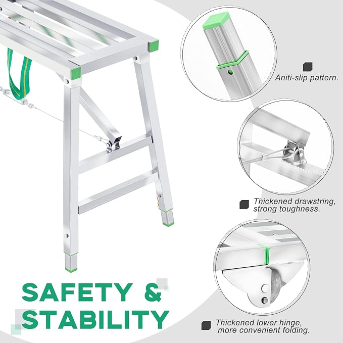 Zonon 28" to 44" H Folding Work Platform 400 Lbs Capacity Portable Scaffolding Step Stool 4 Height Adjustment 55" x 11.8" Non Slip Work Platform Ladder for Home Drywall Cleaning Painting