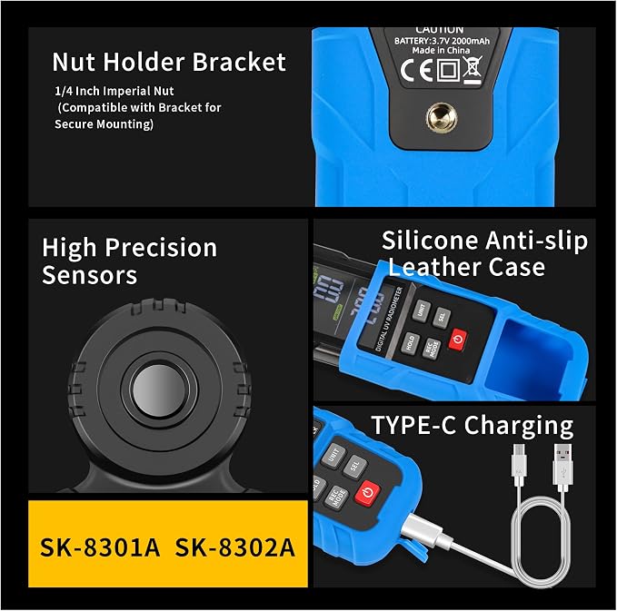 Spectral Illuminance Meter SK-8302A Light Meter, Lux Meter, CCT,RA,CRI,R9,Range up to 200,000 Lux 2500K-15000K, Color Coordinate,Data Storage, USB Charger, PC Software,Lighting Testing Tool