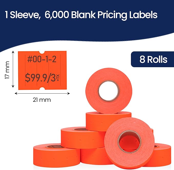 Perco 2 Line Fluorescent Red Labels - 6,000 Blank Price and Date Gun Labels for Perco 2 Line Price and Date Guns - 8 Rolls, 1 Sleeve - Made in USA