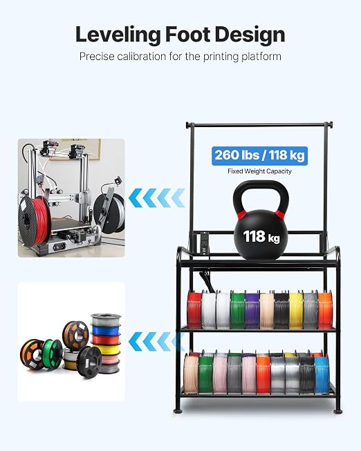 VEVOR 3D Printer Filament Storage Rack with Power Strip, 3-Tier Stand with Filament Storage, Spools Holder Racks Cart with Wheels, Filaments Organzied for 3D Printing Station, Workshop (Shelf Only)