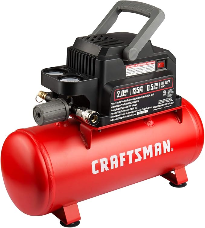 Craftsman Air Tools, 2 Gallon Portable Air Compressor 1/3 HP Oil-Free Max 125 PSI Pressure, Hot Dog, Model: CMXECXA0200243