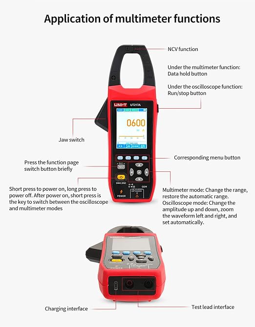 UNI-T UT217A Oscilloscope clamp multimeter,1000VAC/DC Voltage Tester,5MS/s Sampling Rate,1MHz Bandwidth,20000 Counts TRMS current clamp, Resistance,Capacitance,Continuity Test,NCV,Diode Test, MF meter
