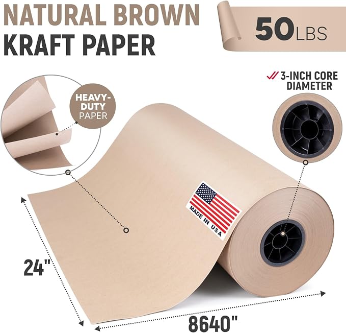 24" Paper Dispenser with Cutter + 50 lb Natural Brown Kraft Paper Roll | Heavy-Duty Steel Holder and 24" x 720 ft USA-Made Kraft Paper for Packaging, Void Fill, Shipping & Moving
