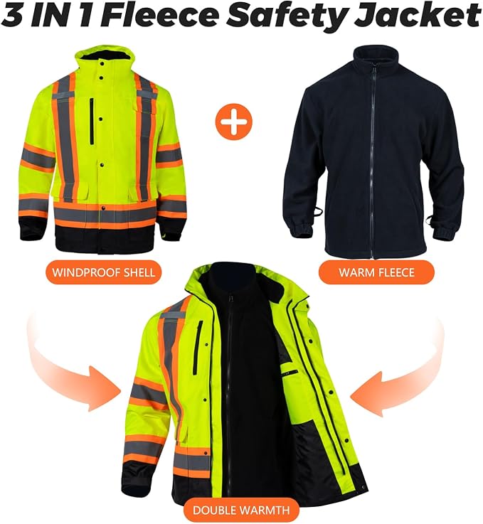FONIRRA High Visibility Safety Jackets for Men 3-in 1 Hi Vis Reflective Winter Jacket Waterproof ANSI Class 3