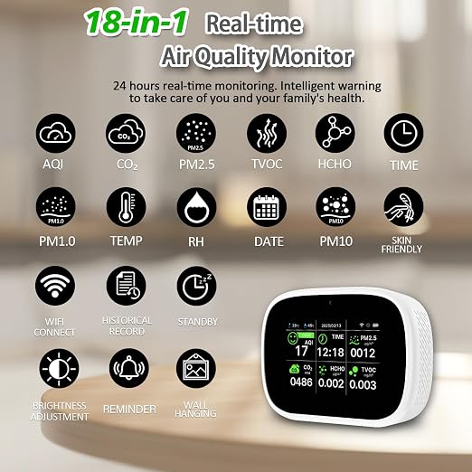 Smart Air Quality Monitor Indoor, WiFi Air Quality Tester with APP Remote Control for AQI CO2 PM2.5 HCHO TVOC Temperature Humidity, Wall-Mounted Air Detector for Home Office – Black