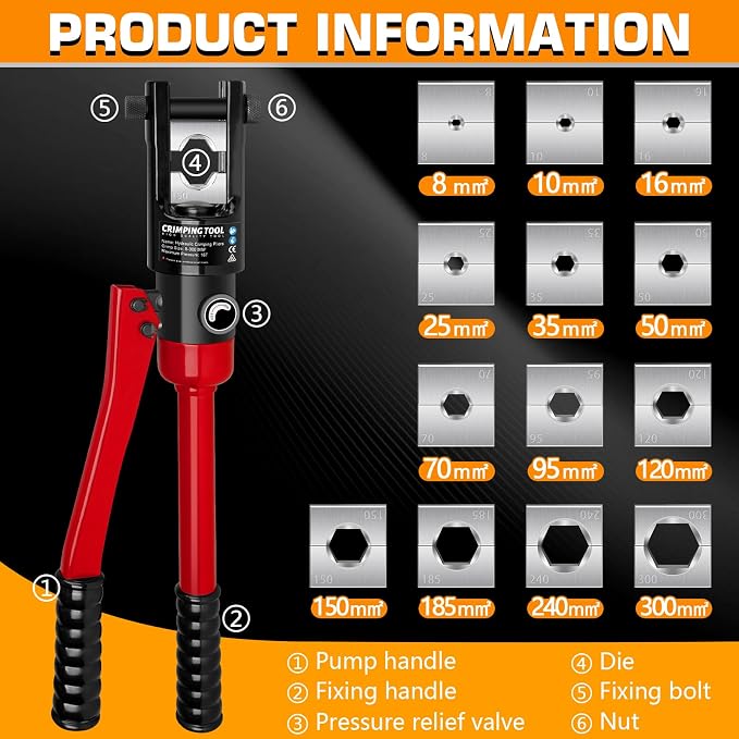 Hydraulic Crimping Tool, 16 Tons Wire Crimping Tool Kit with Cable Cutter | With 13 Pairs of Dies, 12 AWG to 600 MCM, Wire Rope Crimping Tool for Battery Cable Ends Ring Terminals, Red