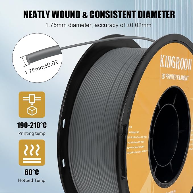 Kingroon High Speed PLA Bundle 3D Printer Filament 1.75mm, 3D Printer Rapid Filament for 30-600mm/s Hyper Printing Filament, Dimensional Accuracy +/- 0.03 mm, 10 kg Plastic Spool (22lbs（Gray）