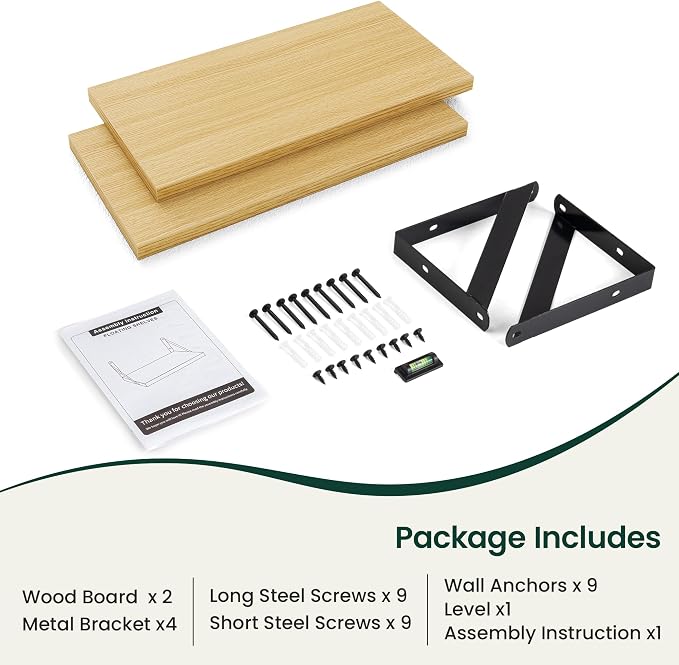 Floating Shelves 8 Inch Deep, 16W x 8D Wall Shelf Set of 2, 35 lbs Heavy Duty Reversible Metal Brackets, Industrial Book Shelf for Living Room Kitchen Bathroom Bedroom Gallery Wall, Oak