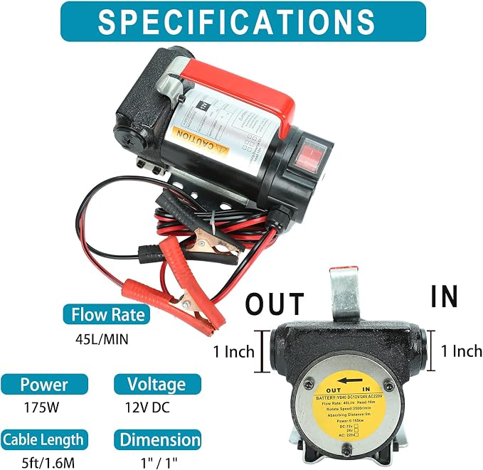 DC 12V 175W Portable DC Electric Fuel Transfer Pump Diesel Kerosene Oil Commercial Fuel Transfer Extractor Pump Motor Auto