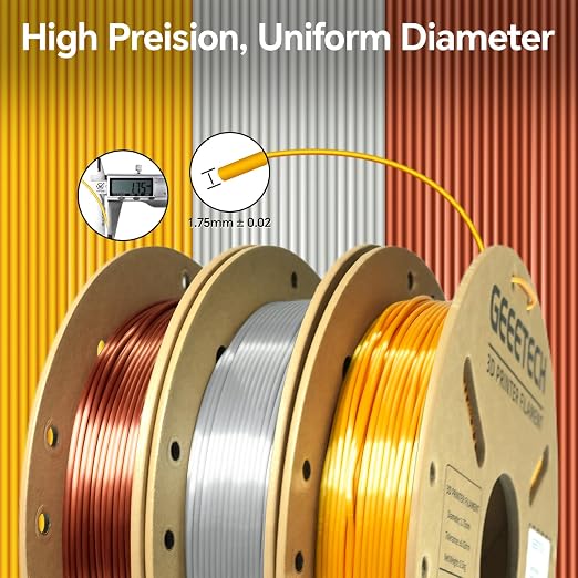 Geeetech Bundle Silk PLA Filament 1.75mm for 3D Printer, Metal-Like Shiny 3D Filament, 3 Spools Pack, 0.5kg/Spool, Dimensional Accuracy +/- 0.02 mm, Metallic Silver+Copper+Gold