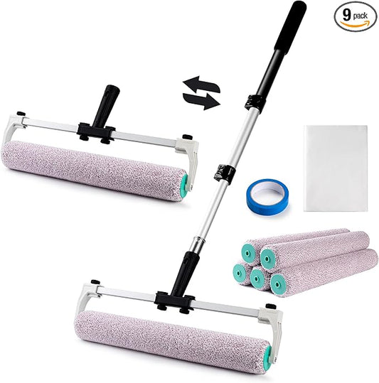 Mister Rui 9-Piece 18" Paint Roller Kit with Extension Pole 4 FT, 18 inch Microfiber Roller Sleeves, Long Paint Rollers for Painting Walls & Ceilings - Professional Painting Supplies Set