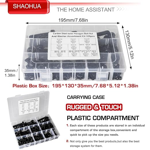 M3 M4 M5 M6 M8 M10 M12 Metric Bolt Assortment, Grade 8.8 Carbon Steel Hex Head Nuts and Bolts Assortment Kit, Hex Head Screw Bolt, Nuts, Flat & Lock Washers, Black, 328PCS