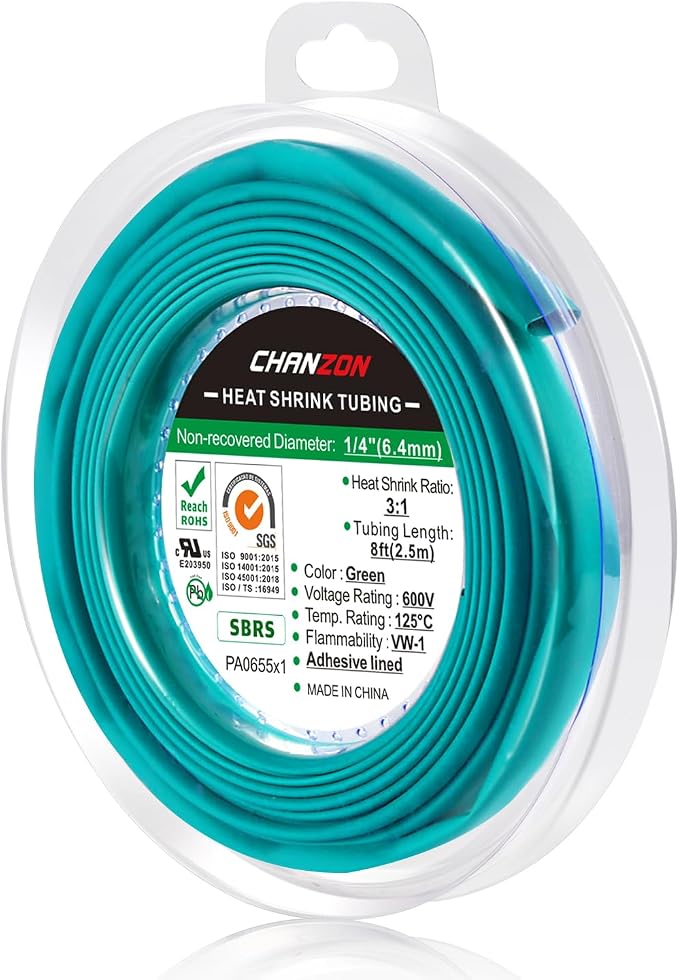 Chanzon 3:1 Ratio 1/4" (6.4mm) Heat Shrink Tubing - Marine Grade Waterproof Adhesive Lined - 8Ft Roll (2.5M Total Length) Green Polyolefin Sleeving Wrap Shrinking 3 to 1 Ratio 1pcs