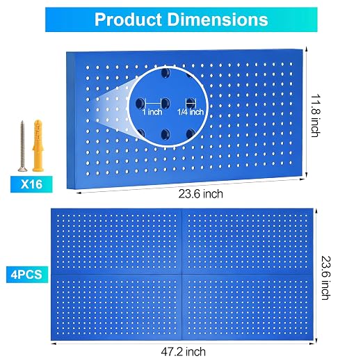 Metal Peg Board Panels 4 Pack, 24" x 12", Black, Blue | Heavy Duty Rust-Proof Wall Board Panels, Sturdy Steel Storage Pegboard for Garage, Workshop & Craft Room Organizer