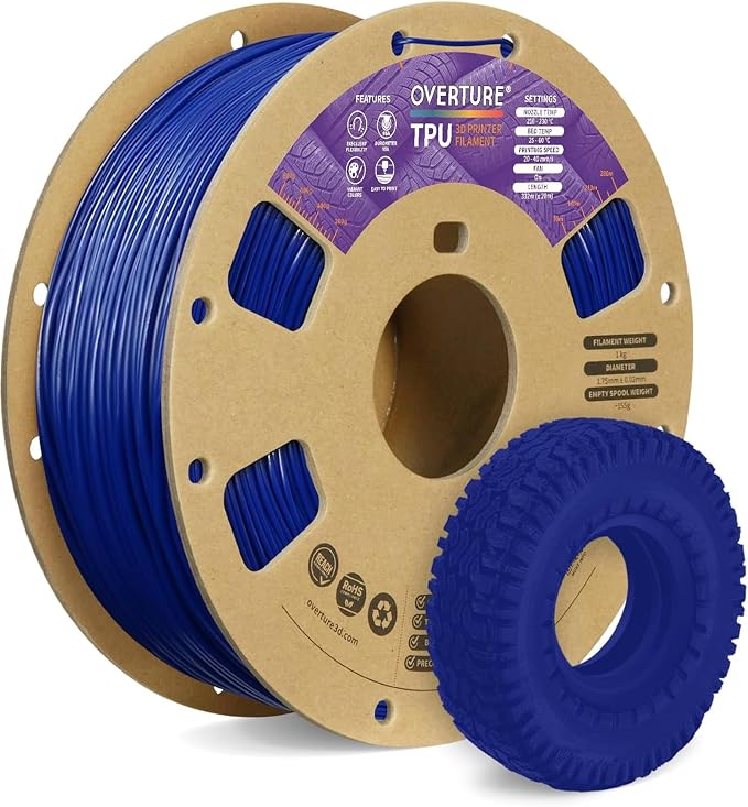 OVERTURE TPU 95A Flexible 3D Printer Filament 1.75mm | High Elasticity & Durability Filament,1kg Spool(2.2lbs),Fit Most FDM Printer(TPU Blue)