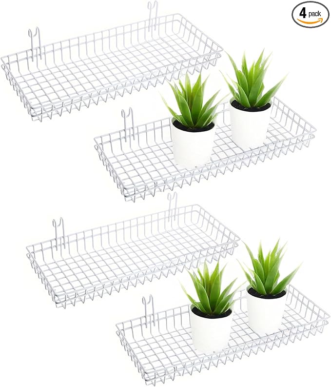 4 Pack 15.75 x 6 x 2.36 Inch Metal Grid Wall Baskets with Hooks, Hanging Wire Grid Basket, Multi-Function Wall Mounted Organizer for Kitchen Organizing Display, White