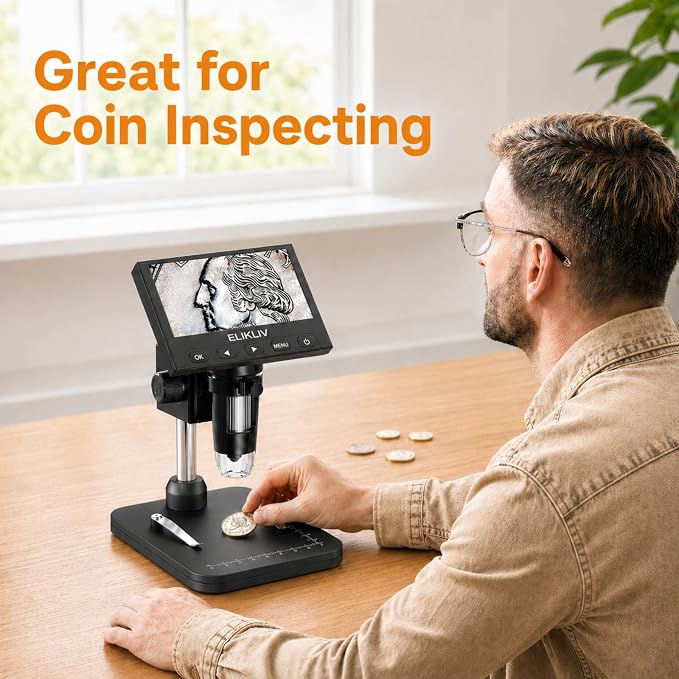 Elikliv Coin Microscope, 4.3'' LCD Digital Microscope 1000x, Coin Magnifier with 8 Adjustable LED Lights, PC View Compatible with Windows/Mac, EDM4B, Black