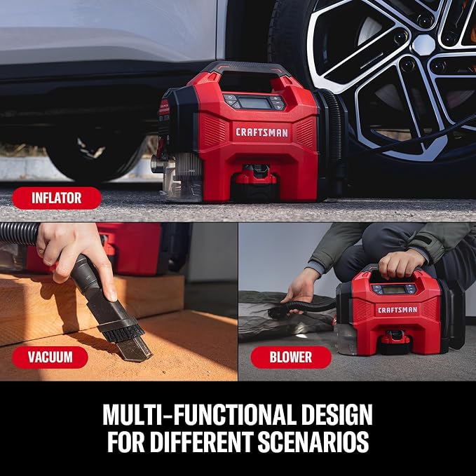 CRAFTSMAN 3-in-1 Tire Inflator Portable Air Compressor 160 PSI with Battery | Cordless pump/Car Vacuum/Dust Blower with 4.0Ah Battery & 12V Charger & LED Light for Car, Bike, Ball, Inflatable Mat & SUP