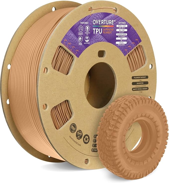 OVERTURE TPU 95A Flexible 3D Printer Filament 1.75mm | High Elasticity & Durability Filament,1kg Spool(2.2lbs),Fit Most FDM Printer(TPU Brown)