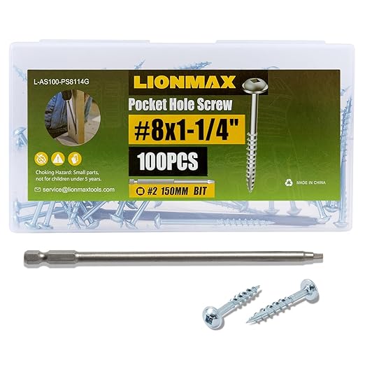 LIONMAX Pocket Hole Screws 1-1/4 Inch, 100 PCS Interior Pocket Screw #8 x 1-1/4"", Coarse Thread, Square Drive, Washer Head, Zinc Plated Pocket Hole Screws, 150MM Drive Bit Included, 1.25 inches