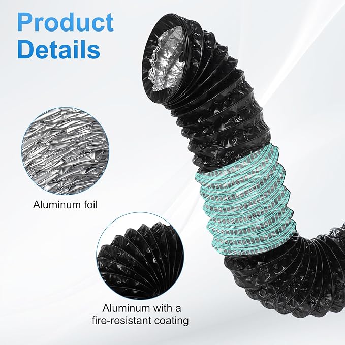PATIKIL 5 Inch Air Duct, 8Ft Length Dryer Vent Hose Flexible Aluminum Ducting Ducting Dryer Vent 2 Clamps Included for Heating Ventilation Air Conditioning, Black
