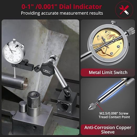 XUNTOP Dial Indicator 1inch/0.001inch with 132lbs/60kg Magnetic Base,Imperial Dial Test Gauge Set for Lathe,3D Printer,CNC,Car,Laboratory
