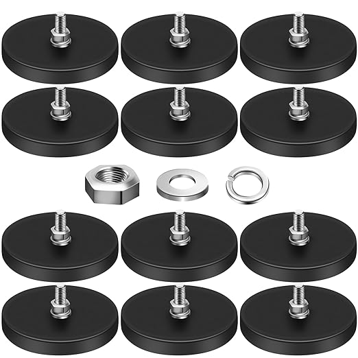 DIYMAG Rubber Coated Magnets, 65LBS Anti-Scratch Neodymium Magnet Base with M6 Threaded Studs and Nuts Strong Magnets Hold with Black Rubbers Coating for Light Bar Mirror Camera Tool 12 Pack