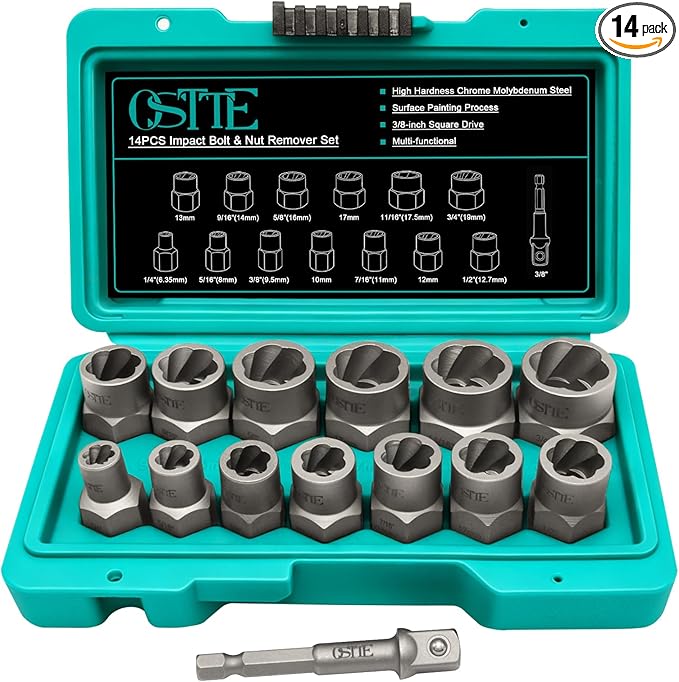 14-Piece Impact Bolt Extractor Set, 3/8" Drive 42CR-MO Steel Nut Remover Kit for Stripped, Frozen, Rusted, Rounded Bolts & Lug Nuts (Sizes 8-19mm), Automotive & Machinery Repair