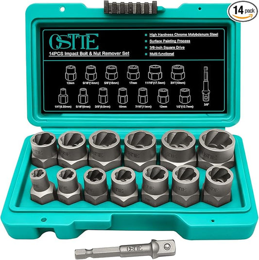 14-Piece Impact Bolt Extractor Set, 3/8" Drive 42CR-MO Steel Nut Remover Kit for Stripped, Frozen, Rusted, Rounded Bolts & Lug Nuts (Sizes 8-19mm), Automotive & Machinery Repair