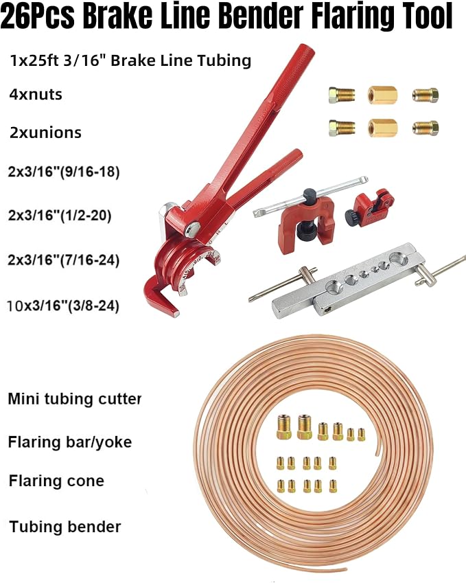 3/16 Inch 26Pcs Brake Line Bender Flaring Tool Include 25FT Zinc-Plated Copper Coated Brake Bending Lines and Single Flare Cutter Repair Kit 16 Rust-Resistant Fitting 4 Nut 2 Union, Gold