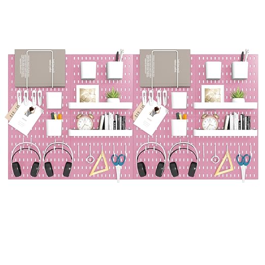 Peg Board Combination Kit, 8 Pegboards with 40 Accessories, Pegboard Wall Organizer for Office, Nursery & Home Storage, Key Holder, 51.2"x25.6" – Nail-Free Installation（Pink）