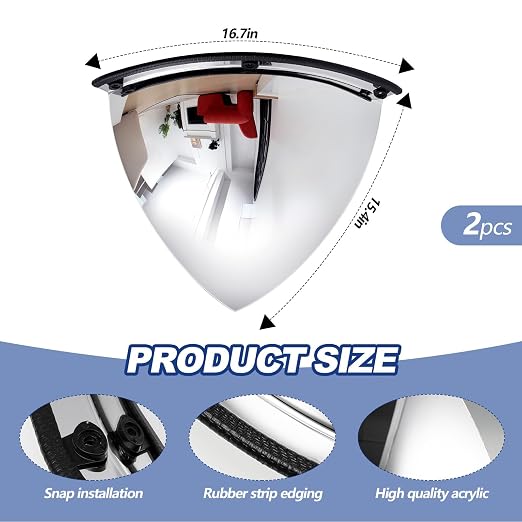 Suzile 2 Pieces 26 Inch Acrylic Quarter Dome Mirror Convex Corner Safety Mirror High Viewing Angle Blindspot for Wall Warehouses Offices Retail Stores Parking Garages