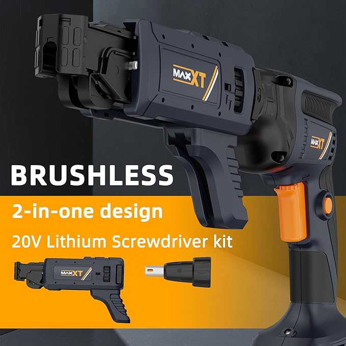 20V Drywall Screw Gun Brushless, MAXXT Cordless Lithium-Ion Brushless Self Feeding Drywall Screwdriver Autofeed 5000RPM with Collated Drywall Attachment（Included 2.0Ah Battery and Charger）