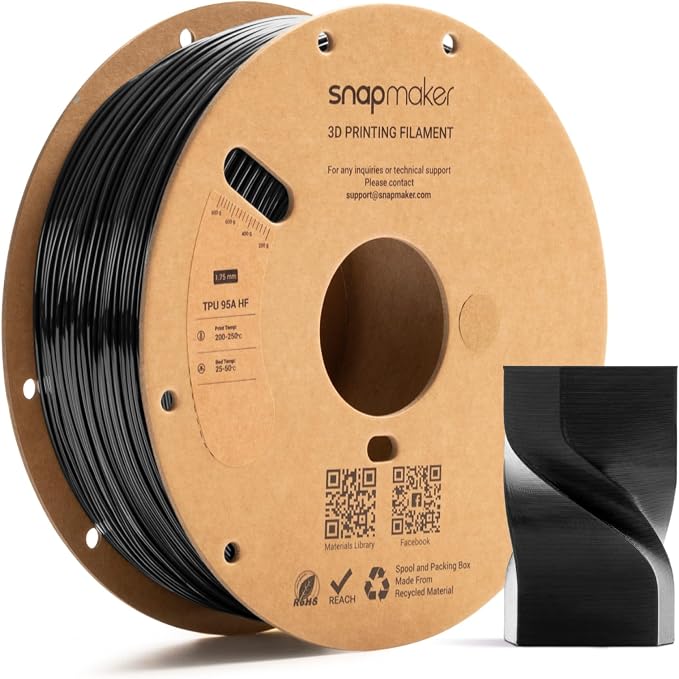 Snapmaker TPU Filament 1.75mm,TPU 95A HF 3D Printer Filament Flexible Soft with High Elasticity,High Speed Printing,Dimensional Accuracy +/- 0.03mm,1kg(2.2lbs) (Black)