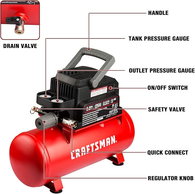 Craftsman Air Tools, 2 Gallon Portable Air Compressor 1/3 HP Oil-Free Max 125 PSI Pressure, Hot Dog, Model: CMXECXA0200243