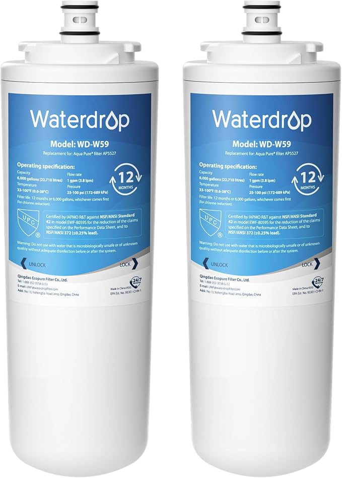 Waterdrop AP5527 Post Water Filter Cartridge, Replacement for Aqua-Pure® AP5527, 5598101, AP-RO5500, APRO5500 System, NSF/ANSI 42&372, 2 Pack, Model No.WD-W59