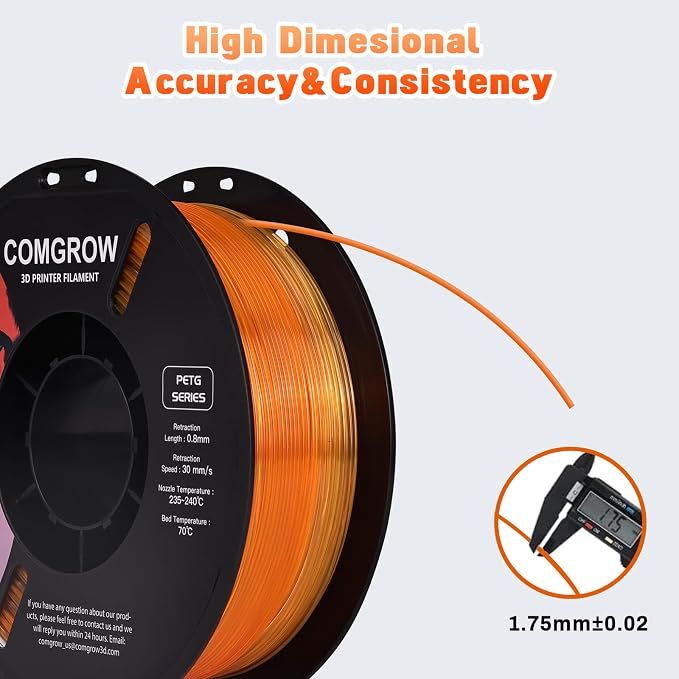 Comgrow PETG 3D Printer Filament 1.75mm, High Precision and Tough 3D Printer Filament 1kg (2.2LBS), Dimensional Accuracy +/- 0.02 mm, Fit Most 3D Printers Gradient Orange White