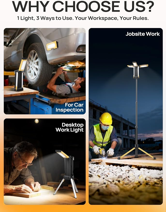 Rechargeable Work Light with Stand, 3 Detachable Panels (Large) | 10000mAh battery, Independent light panels, Telescopic tripod, Built-in feet, Storage bag, Yellow portable work light